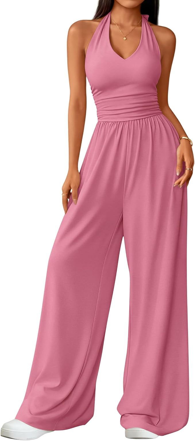 ZESICA Women's Summer 2026 Sleeveless Halter Neck Jumpsuits One Piece Wide Leg Jumper Rompers Bea... | Amazon (US)