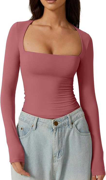 QINSEN Women's Sexy Square Neck Shirt Long Sleeve Double Lined Tees Fitted Going Out Tops | Amazon (US)
