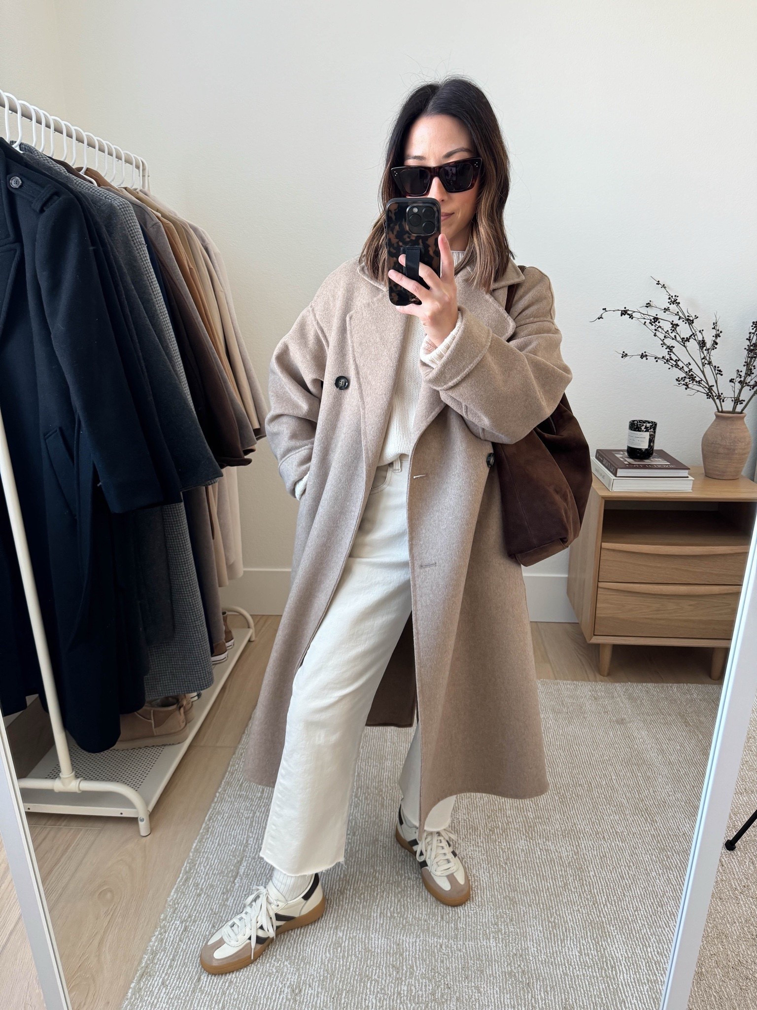 Outfit ideas with straight leg jeans. 

Mango handmade coat xxs (color is old)
Madewell 90's jeans 25, cut hems (old)
Nordstrom Alpaca sweater xs (old)
Adidas Spezial sneakers brown 4 mens
Liffner Hobo Pillow bag
Celine sunglasses

Petite style, jeans 

#LTKSeasonal #LTKootd #LTKPetite