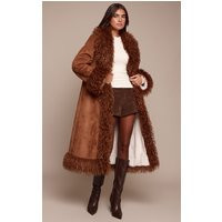 Tan Faux Fur Trim Maxi Coat | PrettyLittleThing UK