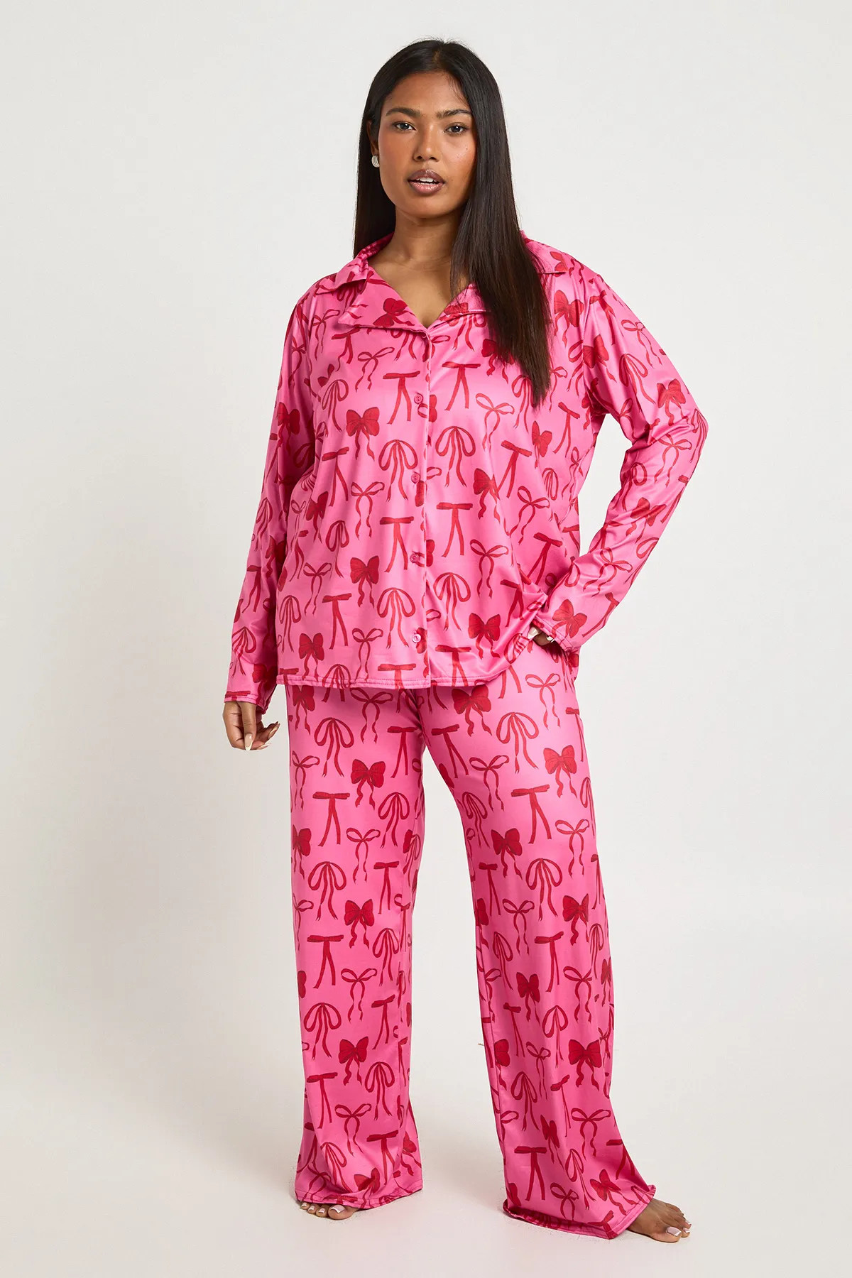 Plus Bow Print Long Sleeve & Trouser PJ Set | Boohoo.com (UK & IE)