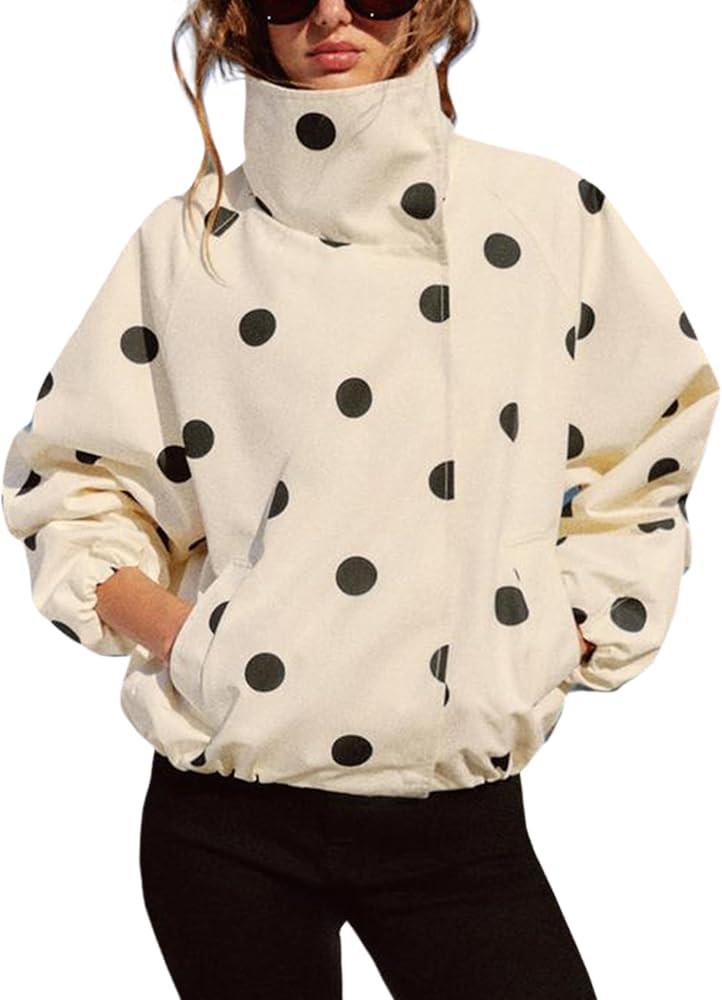 Women's Oversized Polka Dot Bomber Jacket Button Down Fall Coat | Amazon (US)