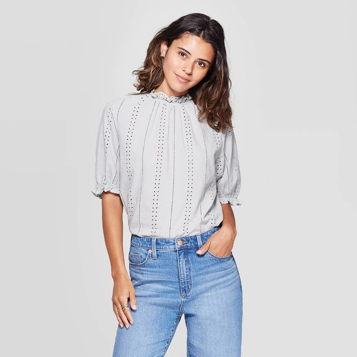 Women's Crewneck Ruffle Short Sleeve Eyelet Top - Universal Thread™ Teal | Target