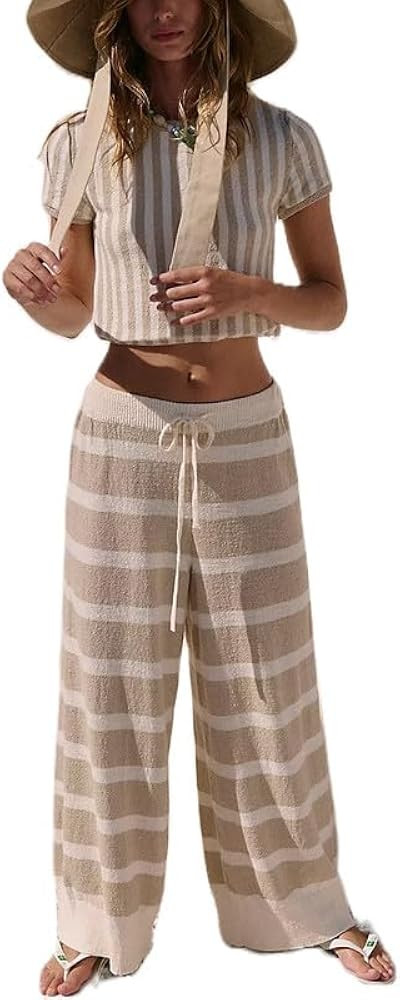 Women Y2k 2 Pcs Striped Lounge Sweater Sets Short Sleeve Knit Pullover Crop Top Wide Leg Beach Pa... | Amazon (US)