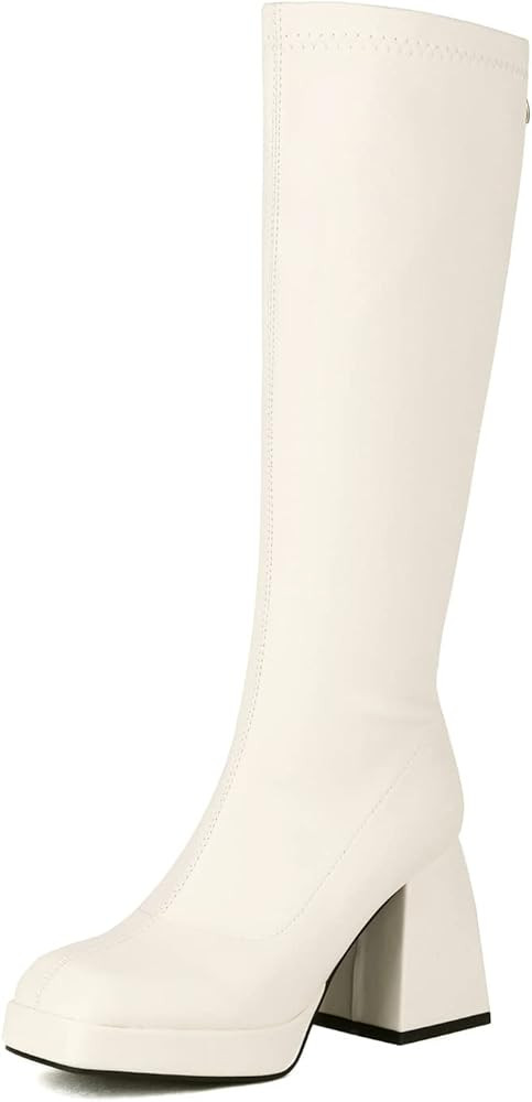 Kirliner Womens Go Go Boots 70s Platform Square Toe Slouch Boots Chunky Heel Block Knee High Boots f | Amazon (US)