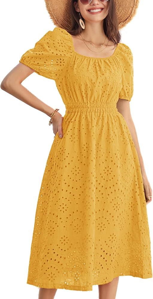GRACE KARIN Women's Eyelet Dresses Summer Square Neck Short Puff Sleeve Casual A Line Boho Midi D... | Amazon (US)