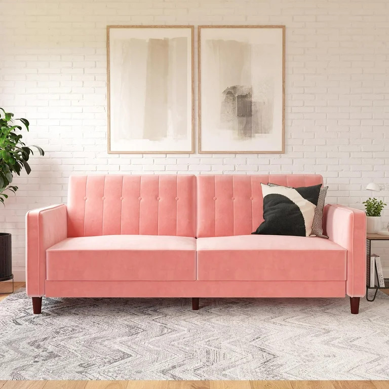 Ember Interiors Pin Tufted Transitional Futon, Convertible Sofa Couch, Pink Velvet | Walmart (US)