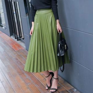 Pleated Faux Leather Midi Skirt | YesStyle (US)