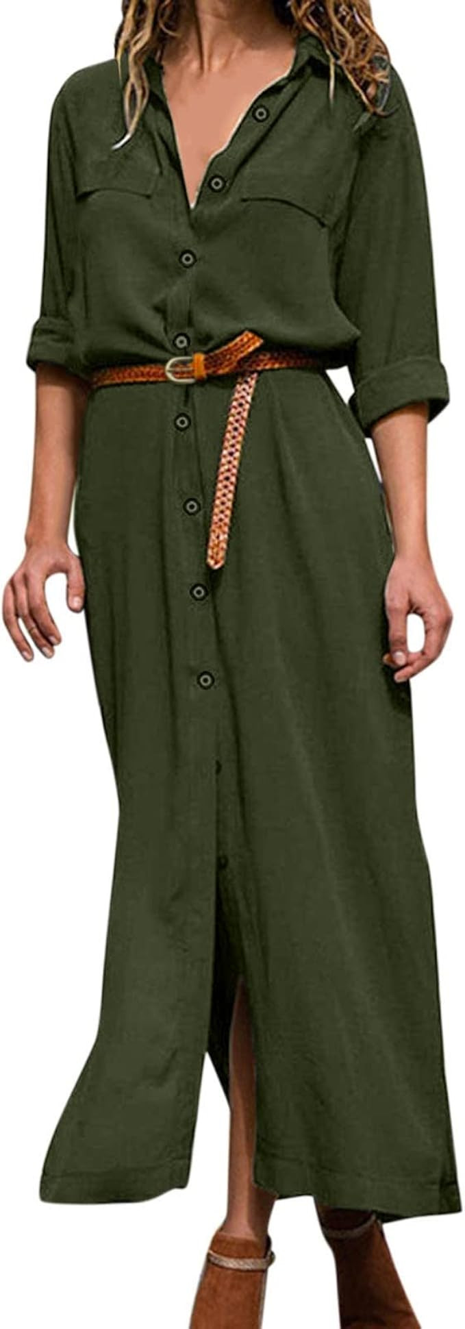 Generic Blusenkleider Frauen lässige Feste Kleidung Knopf Lange Hemdkleid Langarm-Revers Elegant... | Amazon (DE)