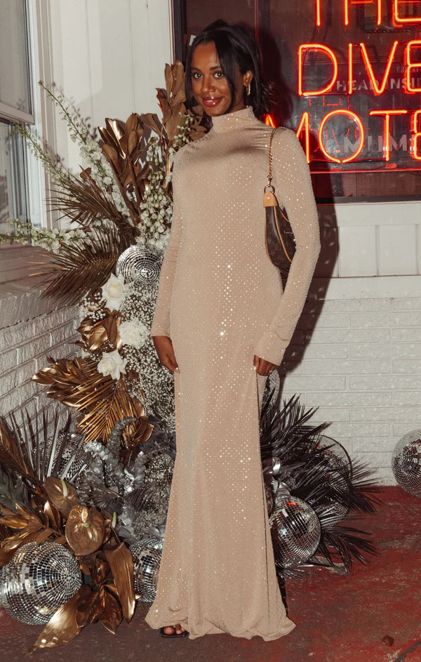 All Out Maxi Dress ~ Taupe Rhinestone Stretch | Show Me Your Mumu