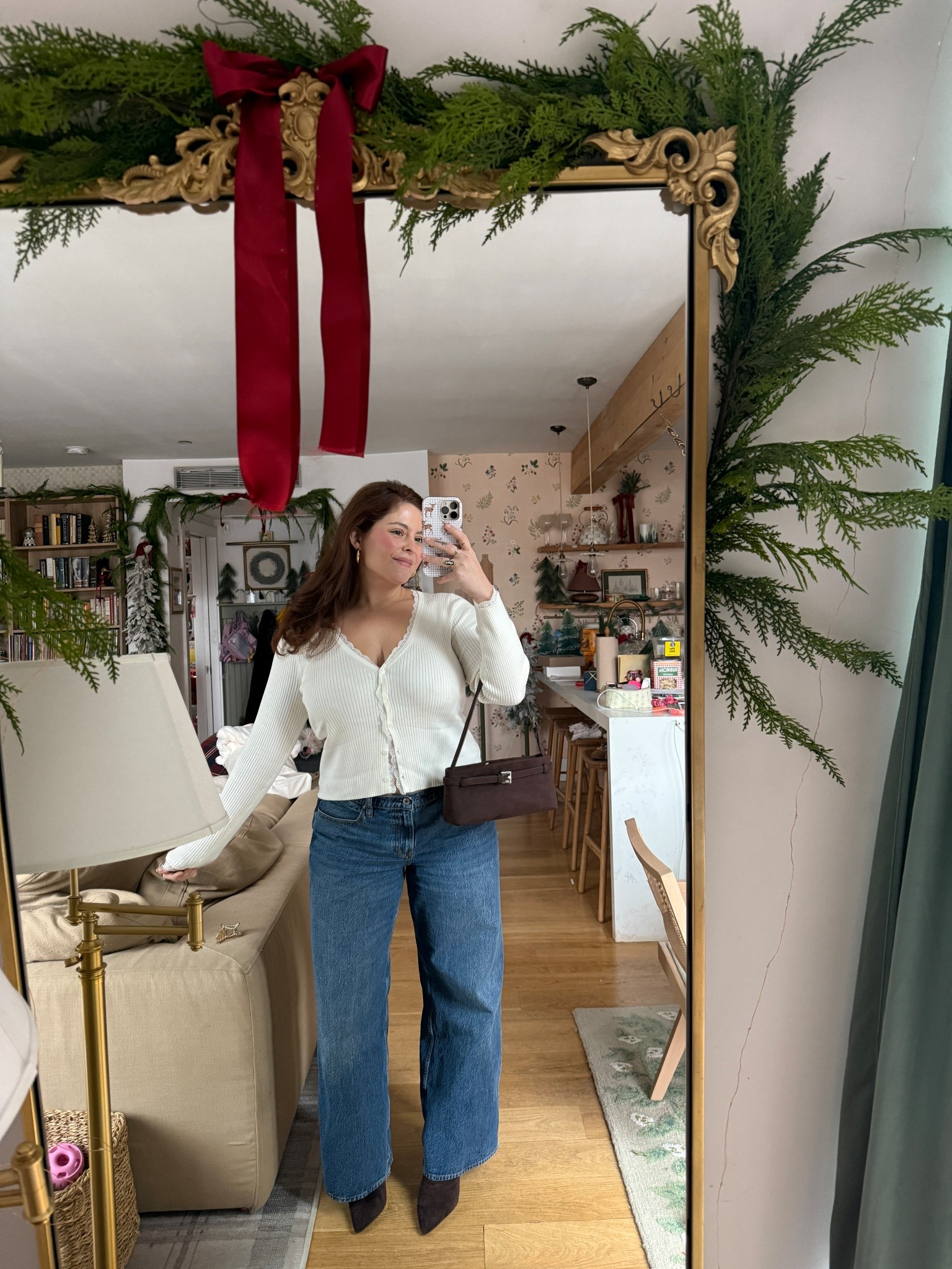 Abercrombie lace trim cardigan
Bow embroidered detail jeans
Brown suede booties
Brown suede shoulder bag with belt

#LTKMidsize #LTKHoliday #LTKGiftGuide