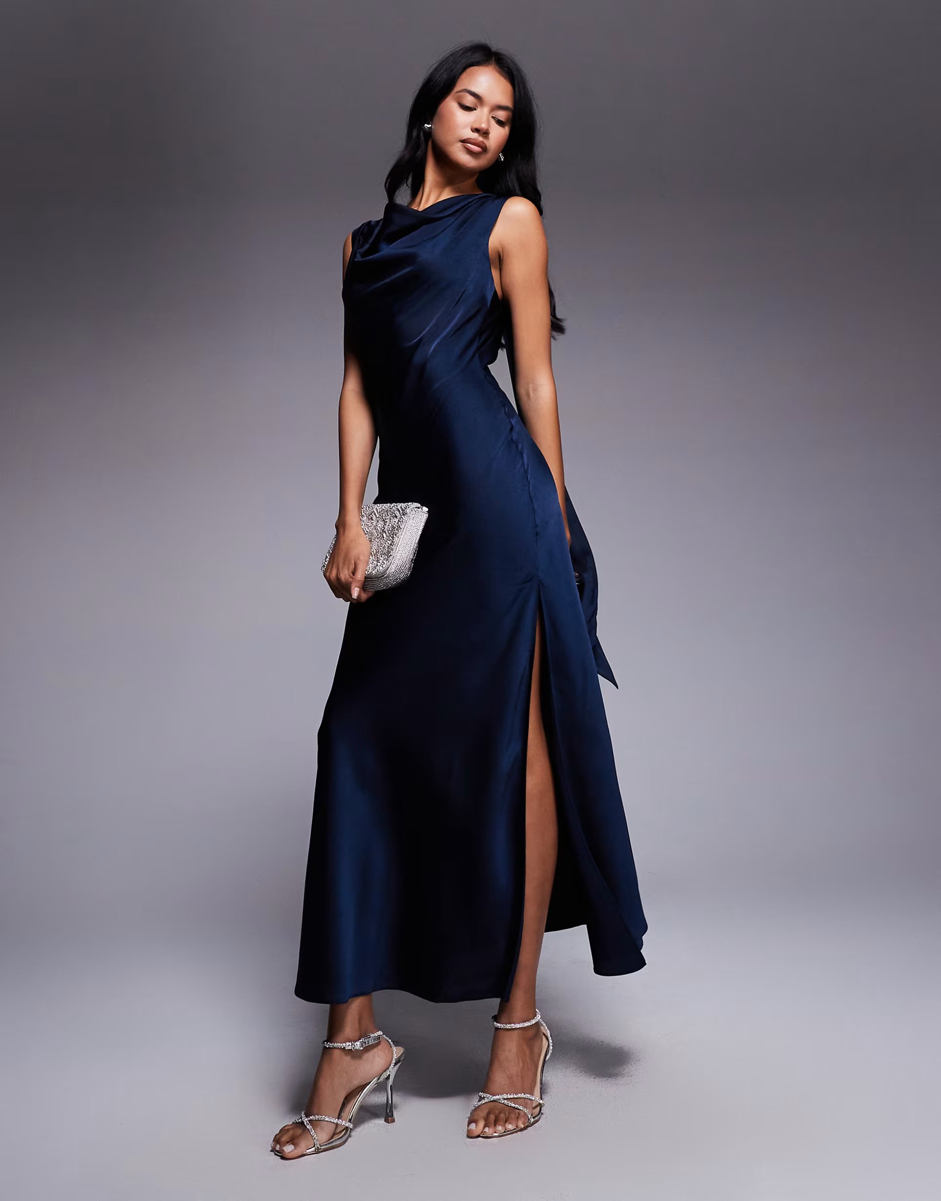 ASOS DESIGN satin drape neckline midi dress with long tie back detail and split in navy | ASOS (Global)