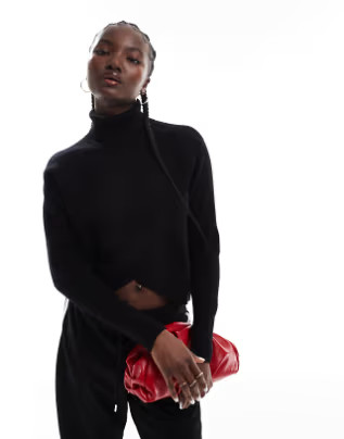 Morgan ribbed knit roll neck wrap front detail jumper in black | ASOS (Global)