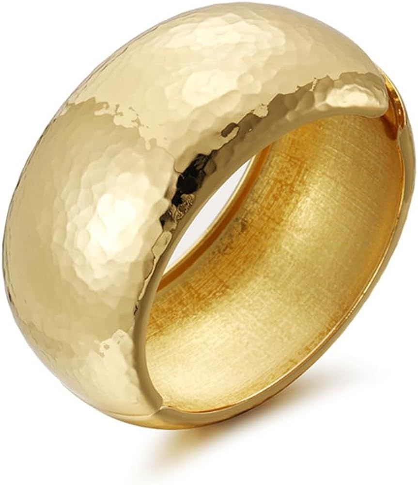 Hammered Wide Chunky Bangle Bracelets for Women Girls Dainty Minimalist 14K Yellow Gold Plated Cu... | Amazon (US)