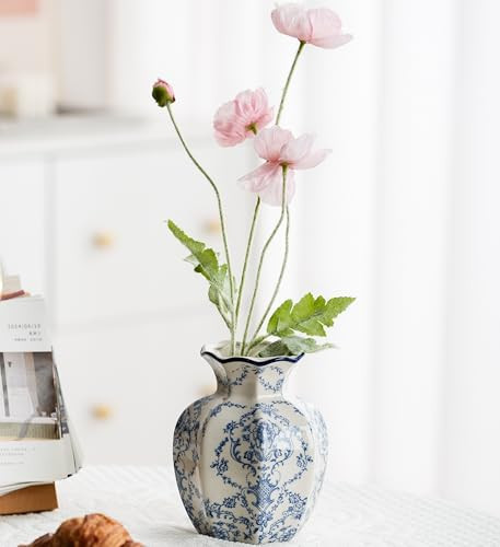 Blue and White Vase, Vintage Blue Ceramic Flower Vessel,Ceramic vases for Home Decor,Vintage Green and Beige for Console Table Mantle Chinoiserie Decor (Blue and White-01, Small) | Amazon (US)