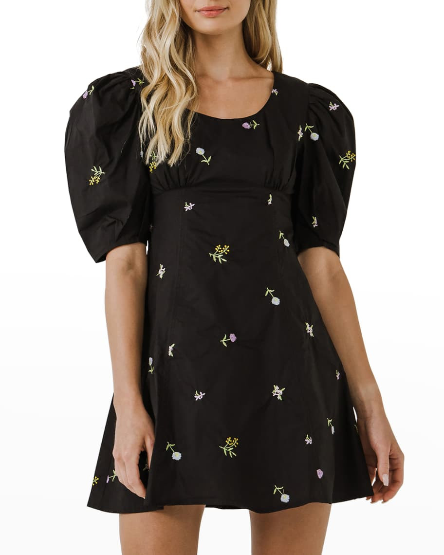 English Factory Floral Embroidered A-Line Mini Dress | Neiman Marcus