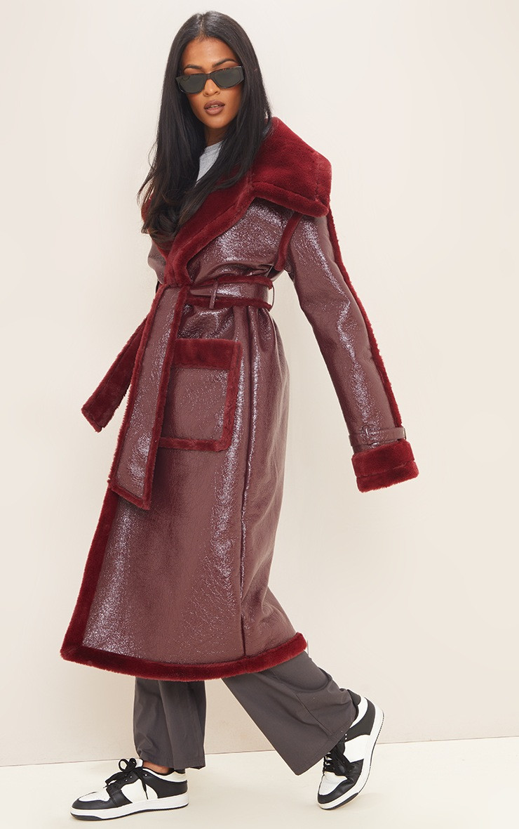 Tall Burgundy Vinyl Contrast Faux Fur Midi Coat | PrettyLittleThing US