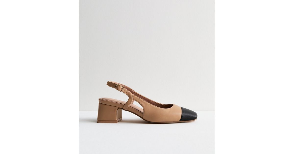 Camel Leather-Look Slingback Block Heel Court Shoes | New Look | New Look (UK)