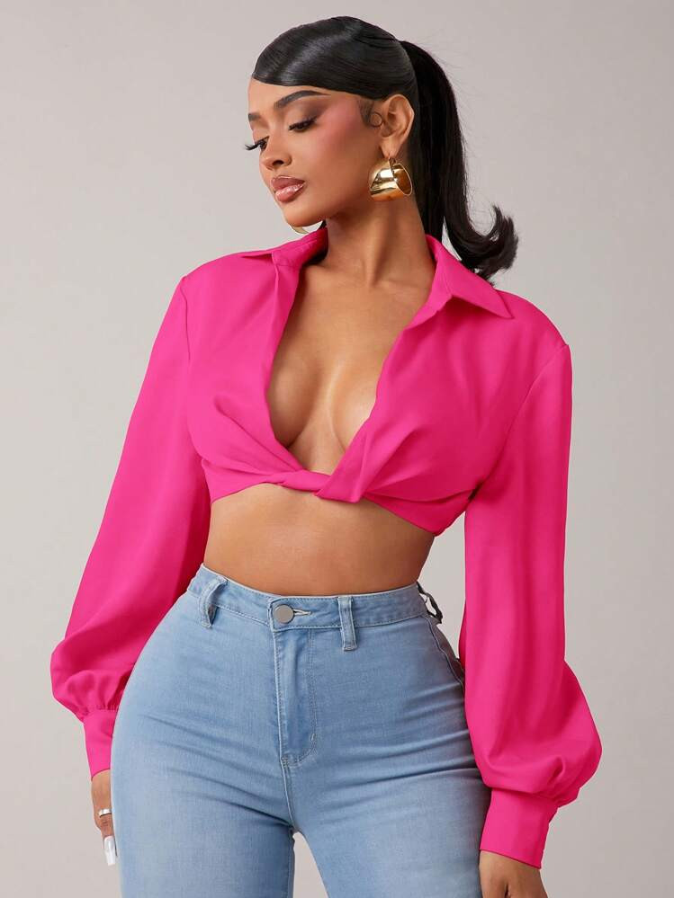 SHEIN SXY Cropped Lantern Sleeve Twist Front Sexy Blouse, Sexy Top | SHEIN