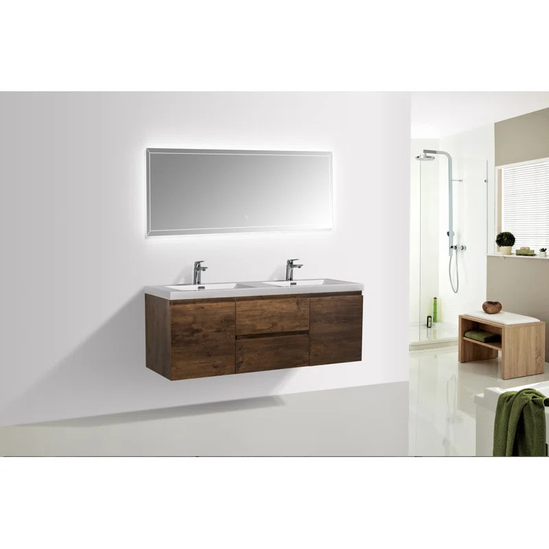 Dixit 60" Dark Walnut Wall-Mounted Double Bathroom Vanity with Solid Surface Top | Wayfair North America