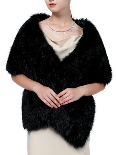 LA CARRIE Women Wedding Faux Fur Long Shawl Bridal Cape Party Stole Winter Scarf Soft Cover Up Shrug Gown Wrap(Black) | Amazon (US)