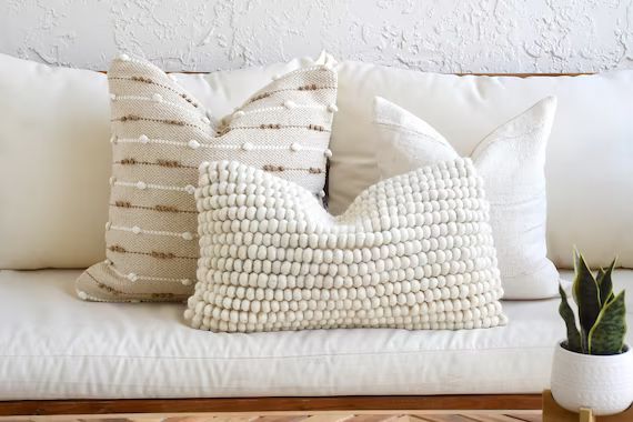 Neutral Boho Pillow Set | Beige Sofa Pillow Set | White Mud Cloth | Decor Textured Pillow Cover S... | Etsy (US)