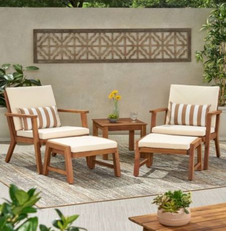 Kick up your feet on a warm, sunny day and take in the fresh outdoor air in style and comfort with this club chair and ottoman set. Featuring a two-seat arrangement, this cozy accommodation maintains a reliable structure with water-resistant cushions and acacia wood frames. Bring a refreshing atmosphere to any backyard or patio space with classic slatted paneling for a seamless design. From weekend afternoons on your patio to poolside lounging, our chat set is sure to keep your outdoor space in style.



#LTKSaleAlert #LTKSeasonal #LTKHome
