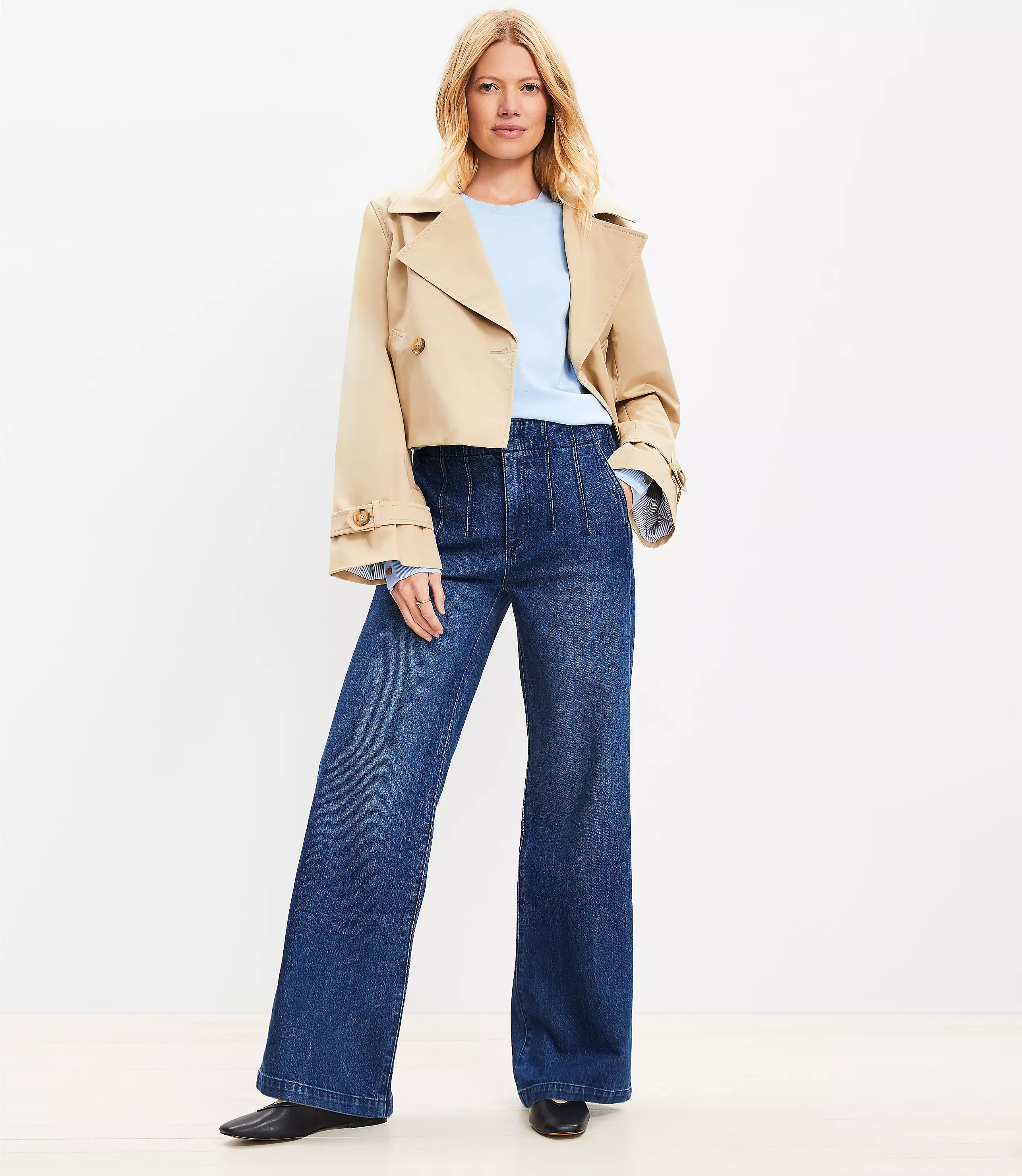 Pleated High Rise Wide Leg Jeans in Dark Wash | LOFT