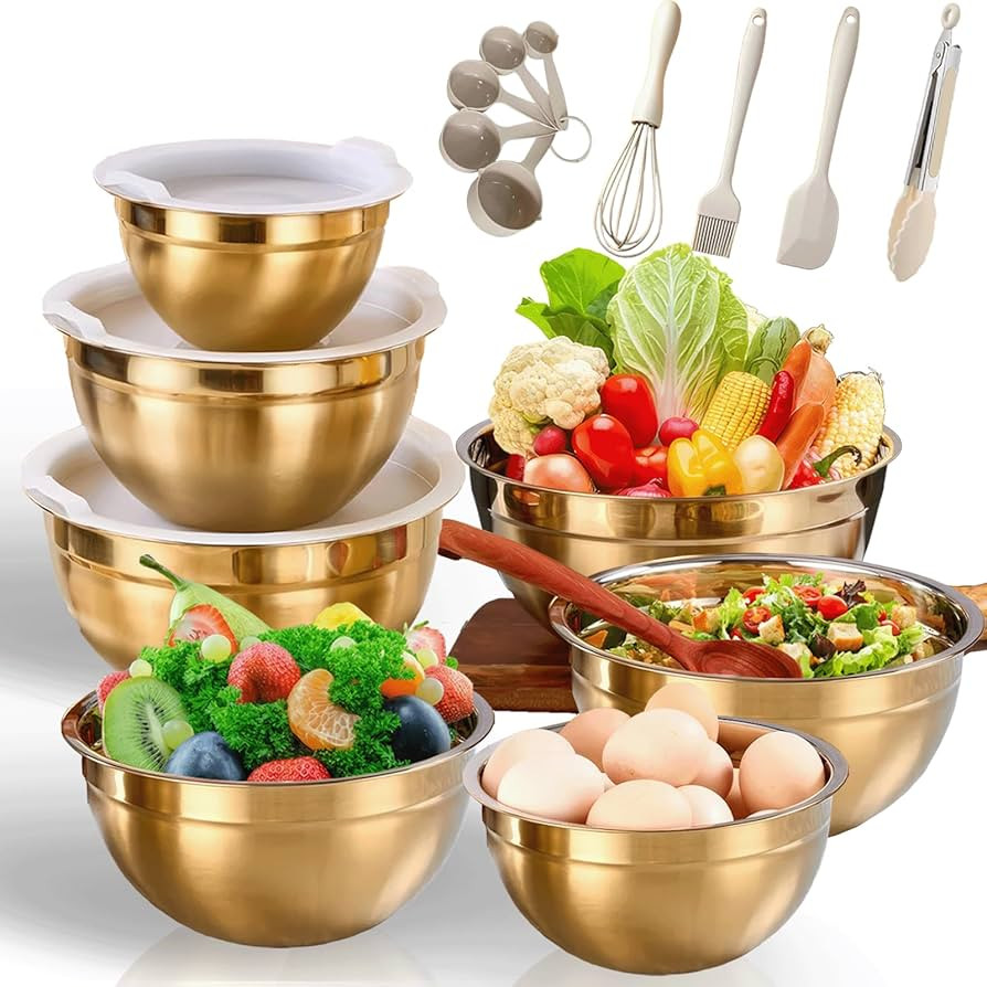 7 Pack Gold Mixing Bowls Set with 5 PCS Kitchen Accessories, Stainless Steel Nesting Mixing Bowls... | Amazon (US)