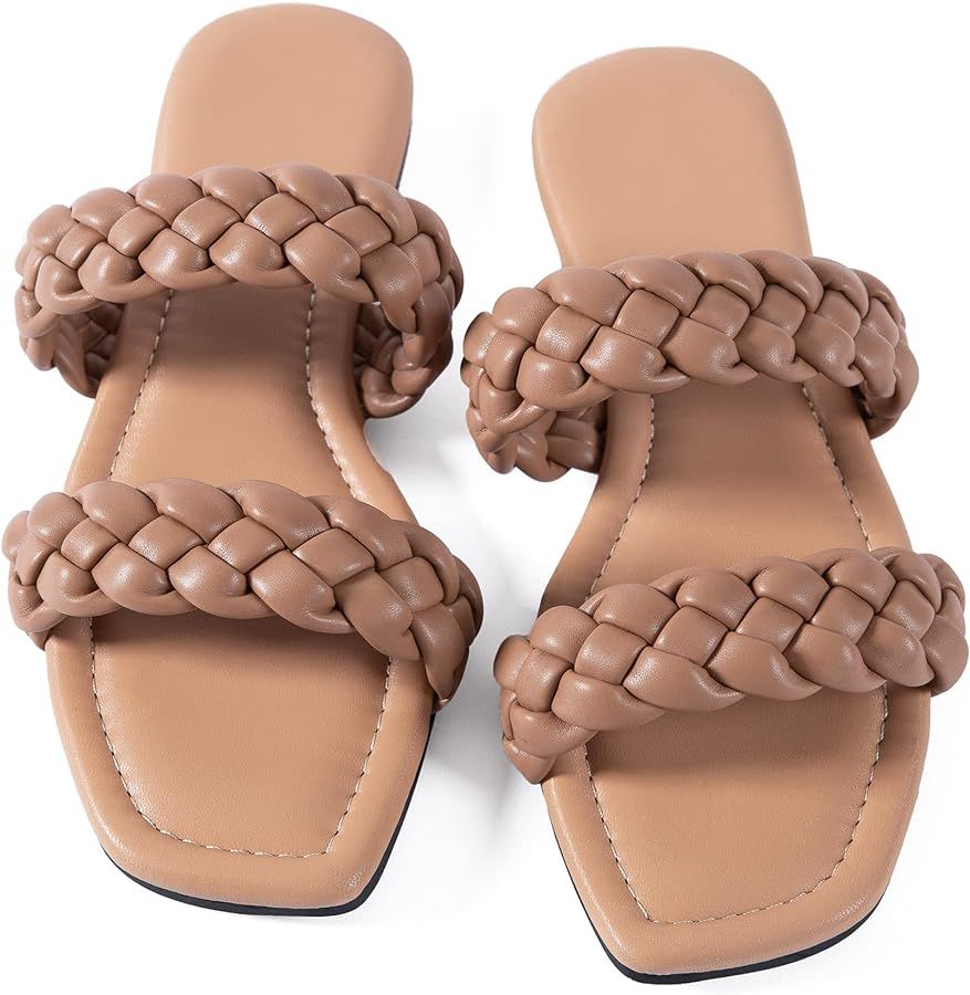 Mtzyoa Women's Sandals Casual Braided Dressy Summer Square Toe Quilted Flat Sandals | Amazon (US)
