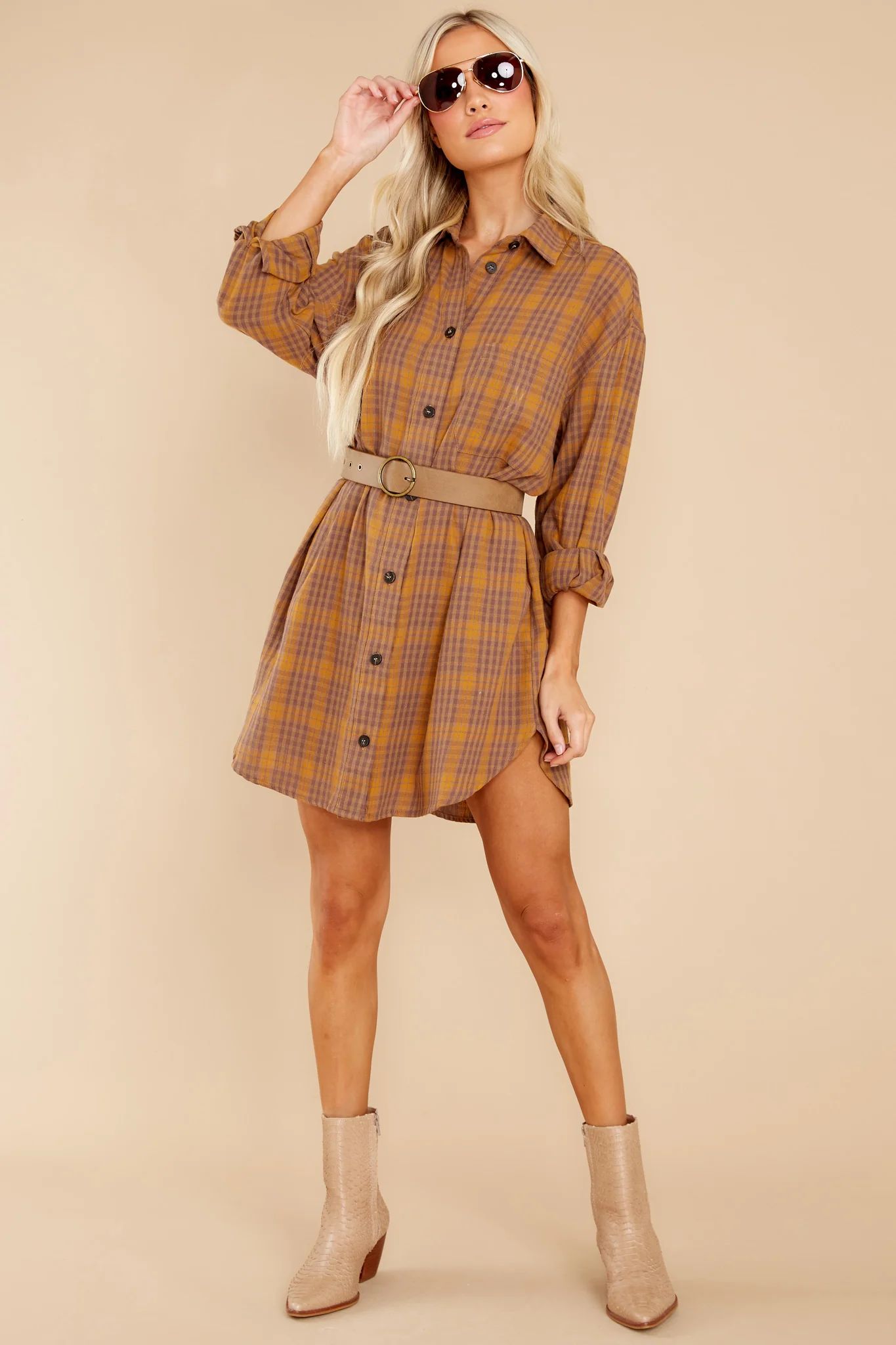 Change The Way Golden Brown Plaid Dress | Red Dress 