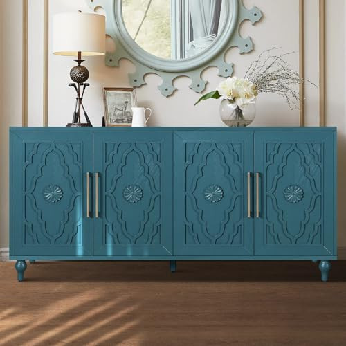 WILSHINE Sideboard Buffet Credenzas for Living Room, 63" Blue Entryway Table with Storage Accent Cabinet, Carved Flowers Doors & Wire Holes | Amazon (US)