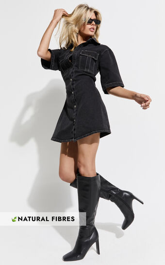 Leilani Mini Dress - Denim Short Sleeve Button Up Dress in Washed Black | Showpo (US, UK & Europe)