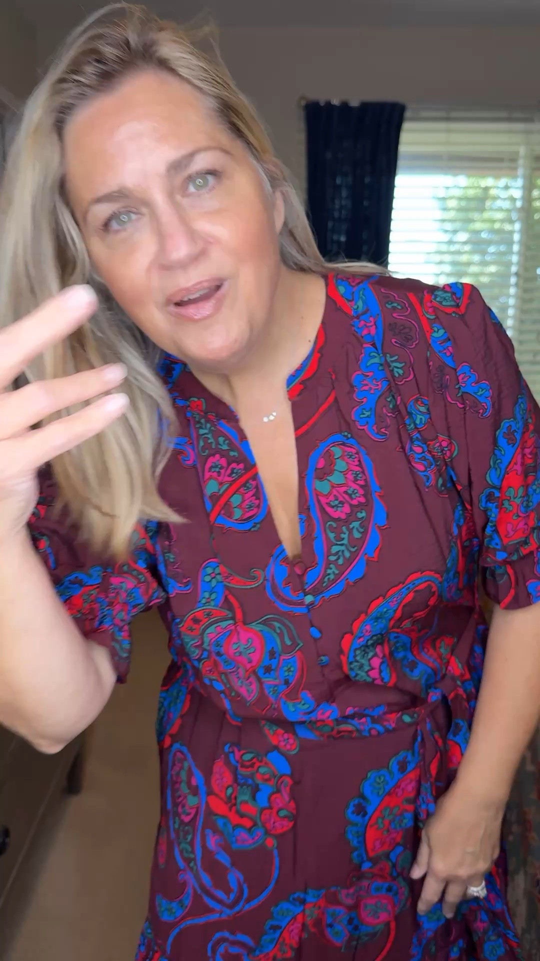I used to not be a fan of lots of color, but I am loving jewell tones these days. This dress is just gorgeous and the print looks super high-end.  I’m wearing a healed suede sandal with this, but it would look gorgeous with a pair of boots as well.  ￼

#LTKdayinmylife #LTKOver40 #LTKootd
