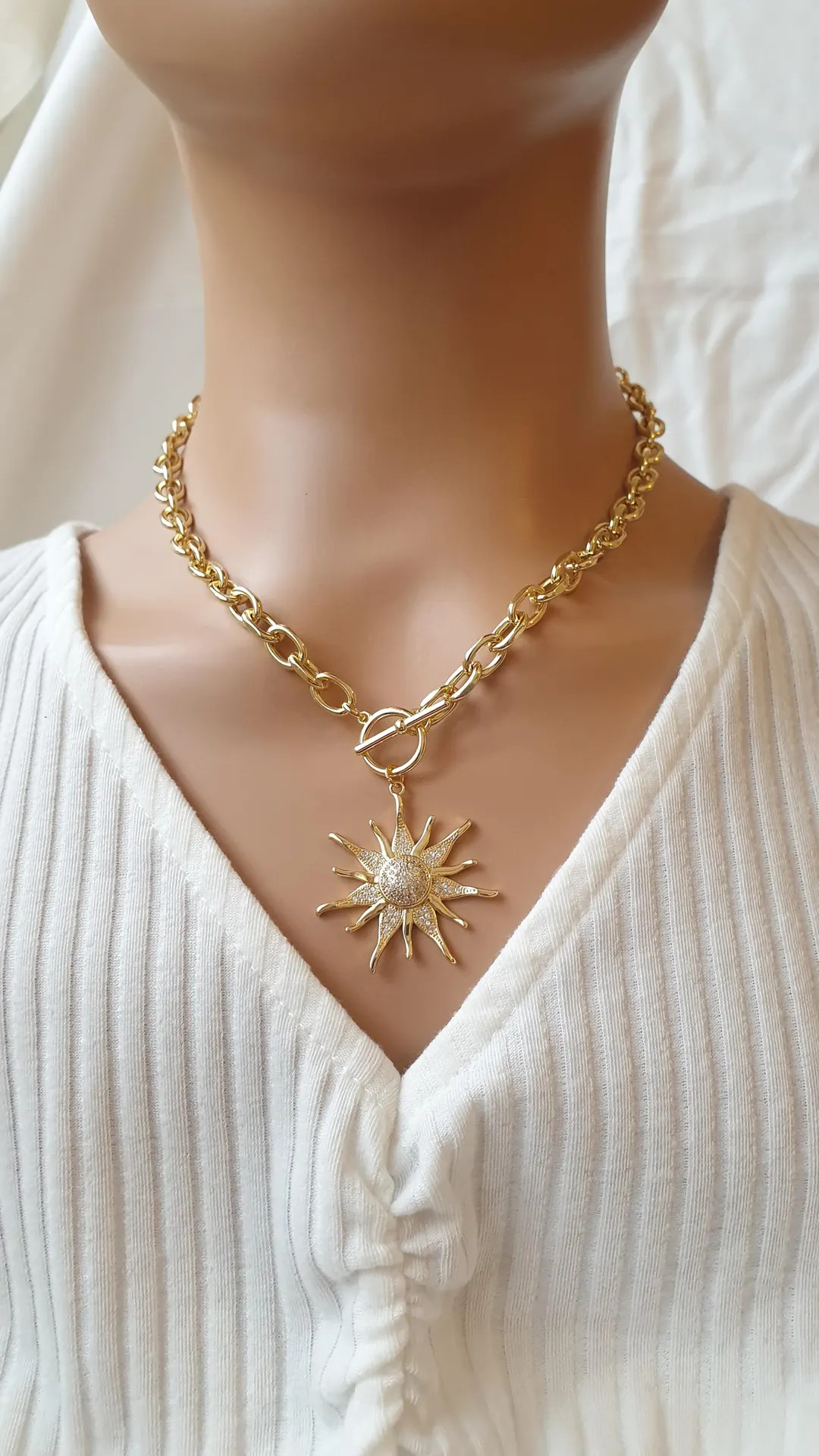 Gold sun pendant, long chain cubic zirconia necklace, chunky chain with sunflower pendant, neckla... | Etsy (US)