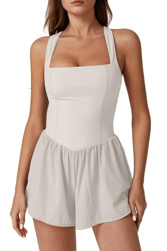 QINSEN Women's Square Neck Sleeveless Romper Jumpsuit Casual Summer One Piece Outfit with Pocket Beige S | Amazon (US)