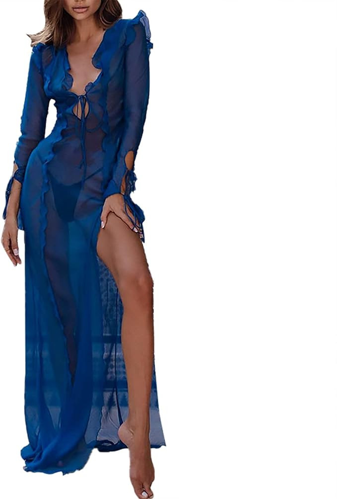 QWUVEDS Transparent and beautiful summer dress with V-neck and side slit for women, wrap dress, s... | Amazon (UK)