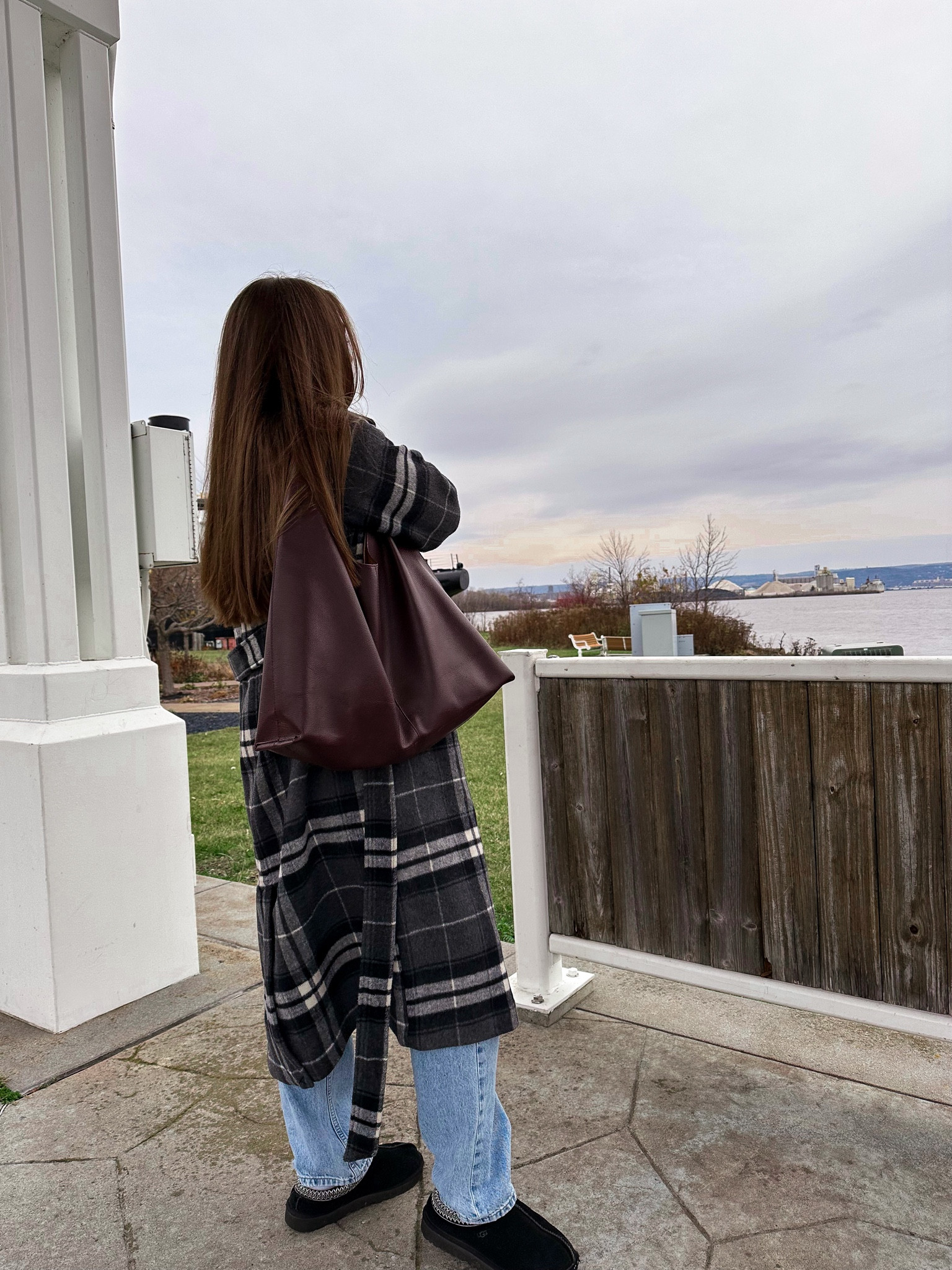 Plaid coat, long wool coat, uggs, burgundy bag, Levi’s baggy jeans, fall outfit, winter outfit 

#LTKSeasonal #LTKStyleTip #LTKWorkwear