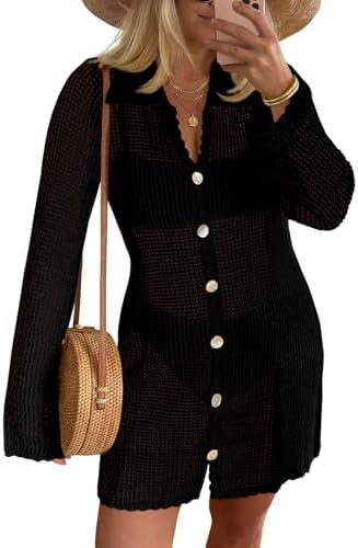 Saodimallsu Womens Crochet Swimsuit Coverup Button Down Long Sleeve Cardigan Mini Dress Beach Cov... | Amazon (US)
