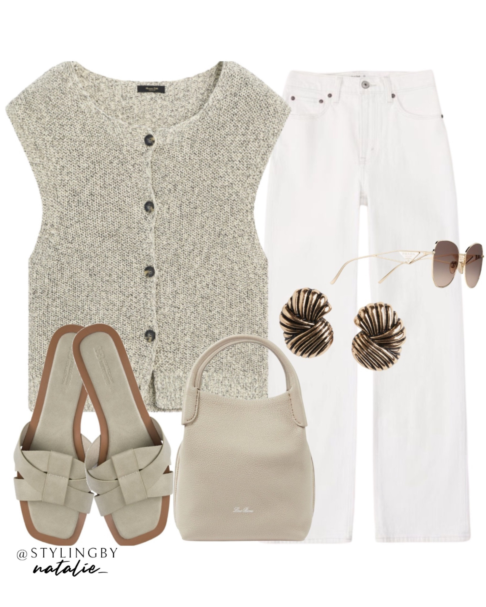 Button up knit vest, high rise white jeans, beige sandals, Loro Piana bag, gold earrings & Prada sunglasses. 
Neutral outfit, beige outfit, casual chic, everyday look, pre fall look, transitional style.

#LTKeurope #LTKautumn #LTKstyletip