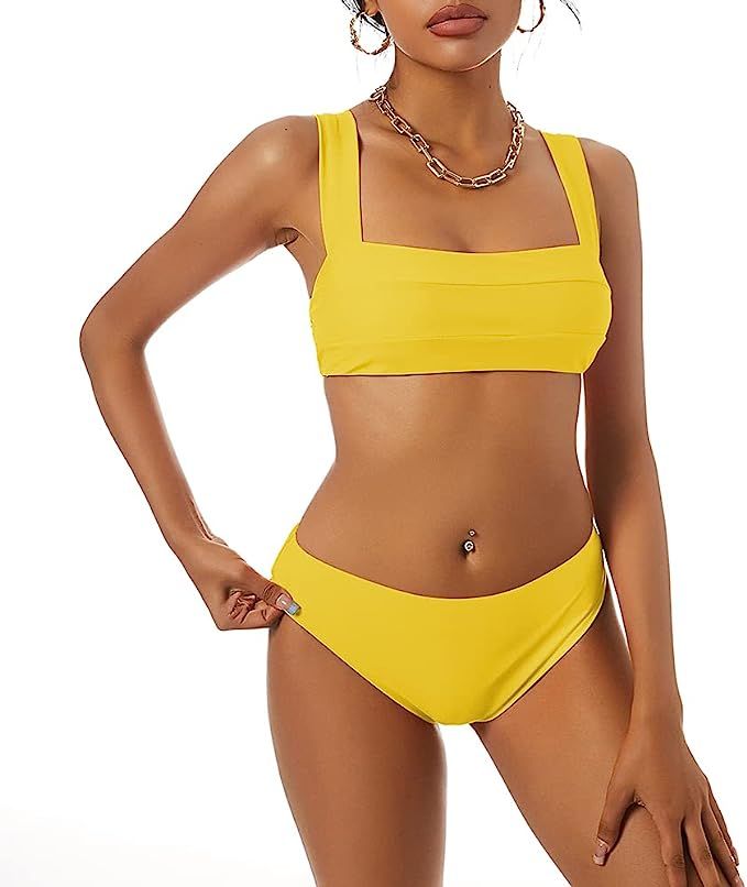 ZAFUL Wide Straps Neon Bandeau Bikini Sets for Women Padded High Cut Two Pieces Bathing Suits | Amazon (US)