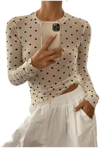 SHENHE Women's Polka Dots Sheer Mesh T Shirt Long Sleeve Round Neck Slim Fitted Streetwear Top | Amazon (US)