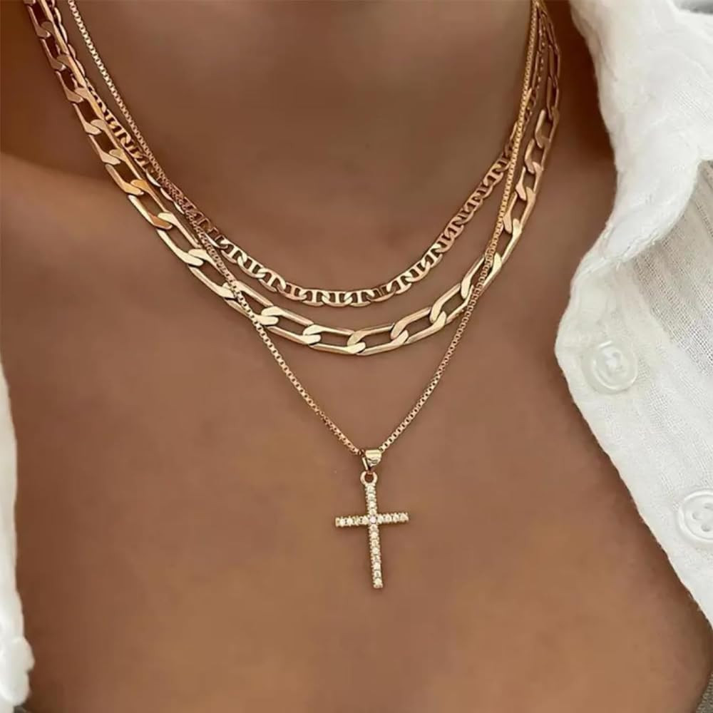 Cross Necklace for Women Gold Paperclip Box Flat Mariner Chain Necklace Cross Pendant CZ Diamond | Amazon (US)