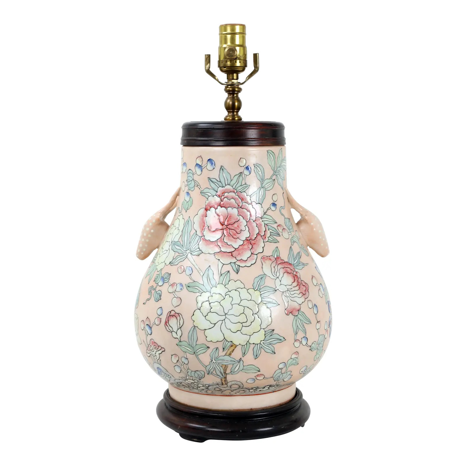 Famille Rose Vase Lamp With Animal Head Handles and Flowers | Chairish