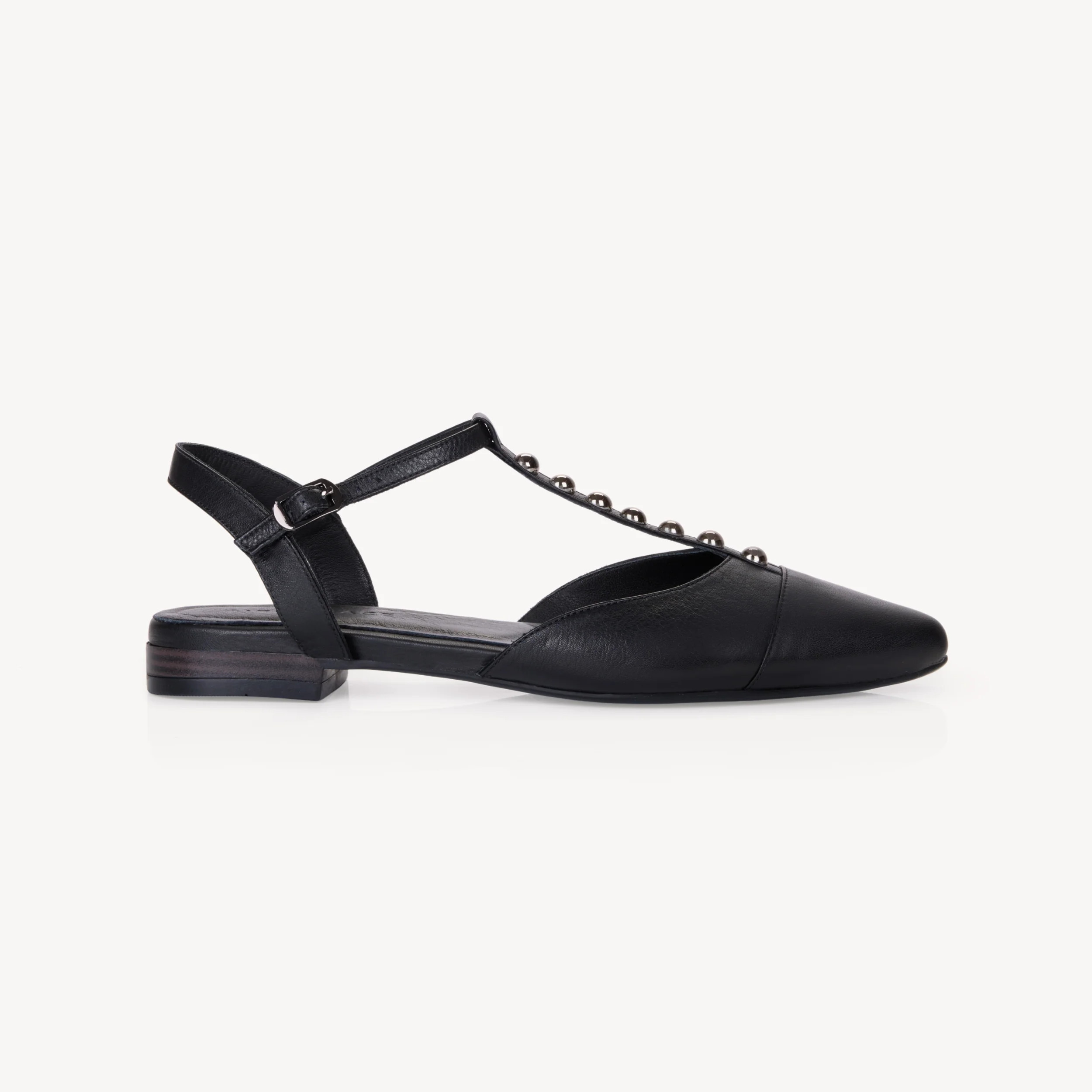 Anais: Black Leather Studded Pointed T-Bar Flats | Air & Grace