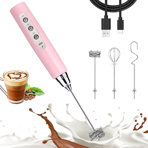 Nahida Pink Milk Frother Wand for Coffee, Frother Handheld Rechargeable Electric Whisk with 3 Heads 3 Speeds Drink Mixer Coffee Frother Foam Maker For Latte, Cappuccino, Hot Chocolate, Egg | Amazon (US)