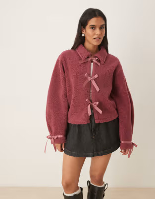 ASOS DESIGN borg fleece with bow tie front in dark rose | ASOS | ASOS (Global)