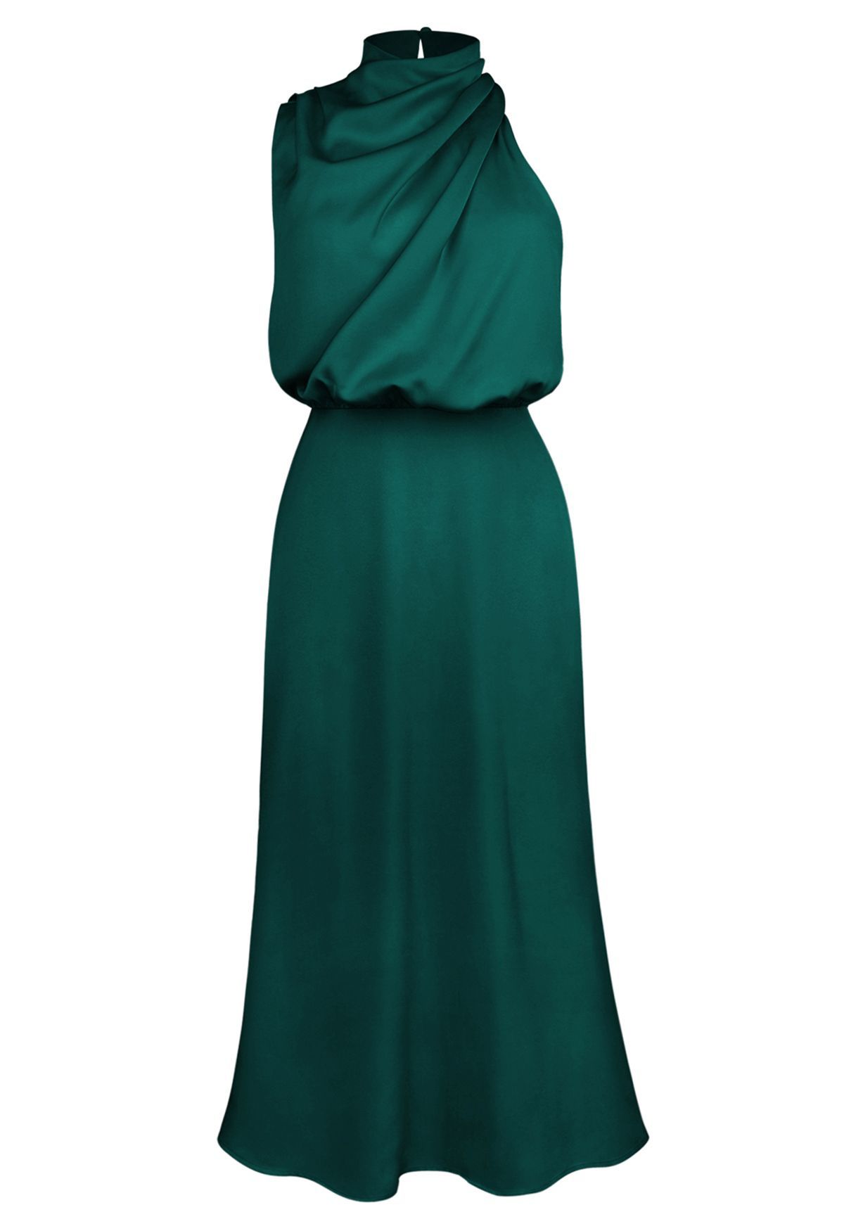 Asymmetric Ruched Neckline Sleeveless Dress in Dark Green | Chicwish
