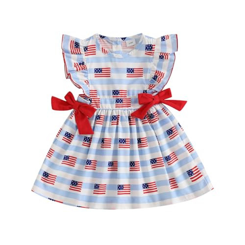 Sprifallbaby Toddler Girl 4th of July Dress Clothes American Flag Print Baby Girl Dresses Fourth of July Outfit (Blue, 3-4 Years) | Amazon (US)