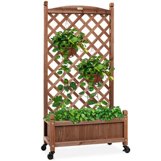 Wood Planter Box & Lattice Trellis w/ Drainage, Optional Wheels - 60in | Best Choice Products 